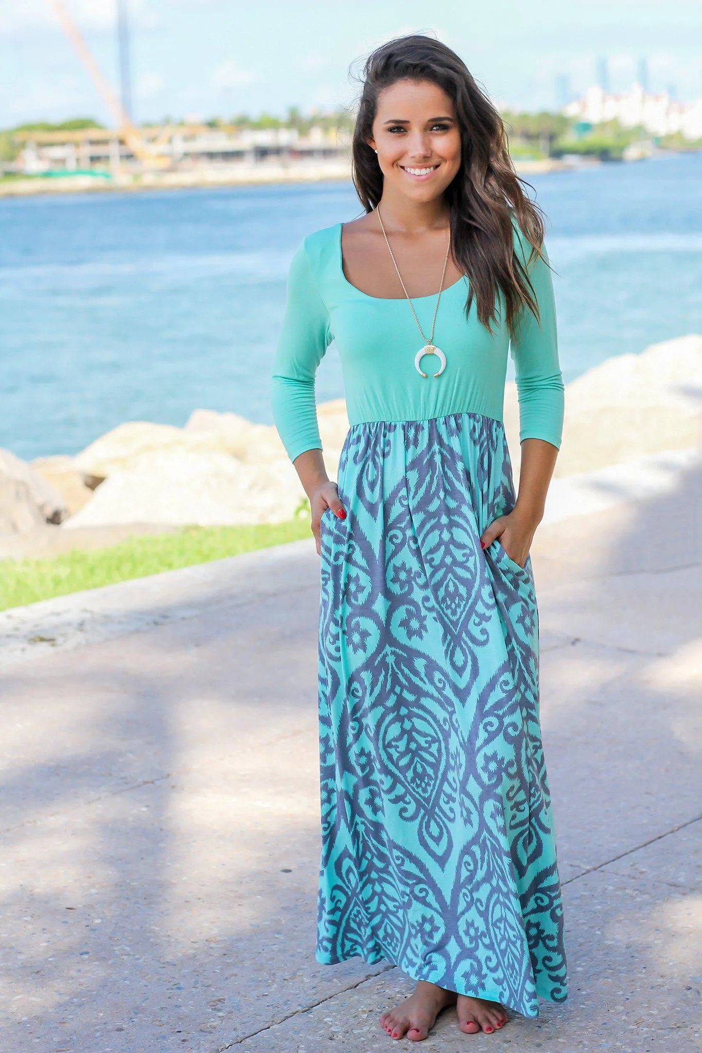 Mint and Gray Printed Maxi Dress with 3/4 Sleeves