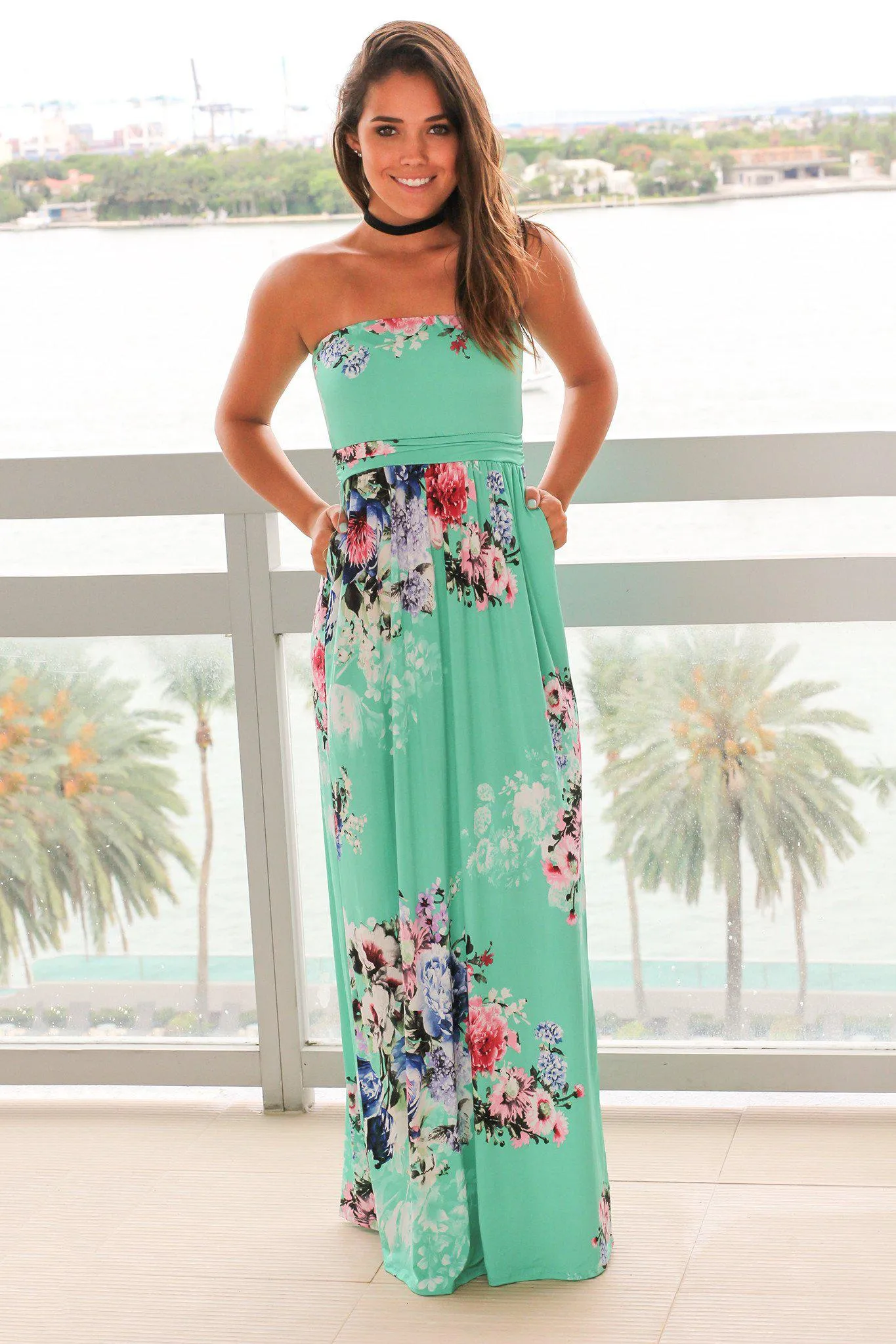 Mint and Pink Floral Strapless Maxi Dress