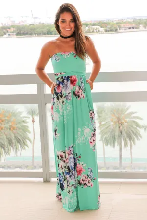 Mint and Pink Floral Strapless Maxi Dress