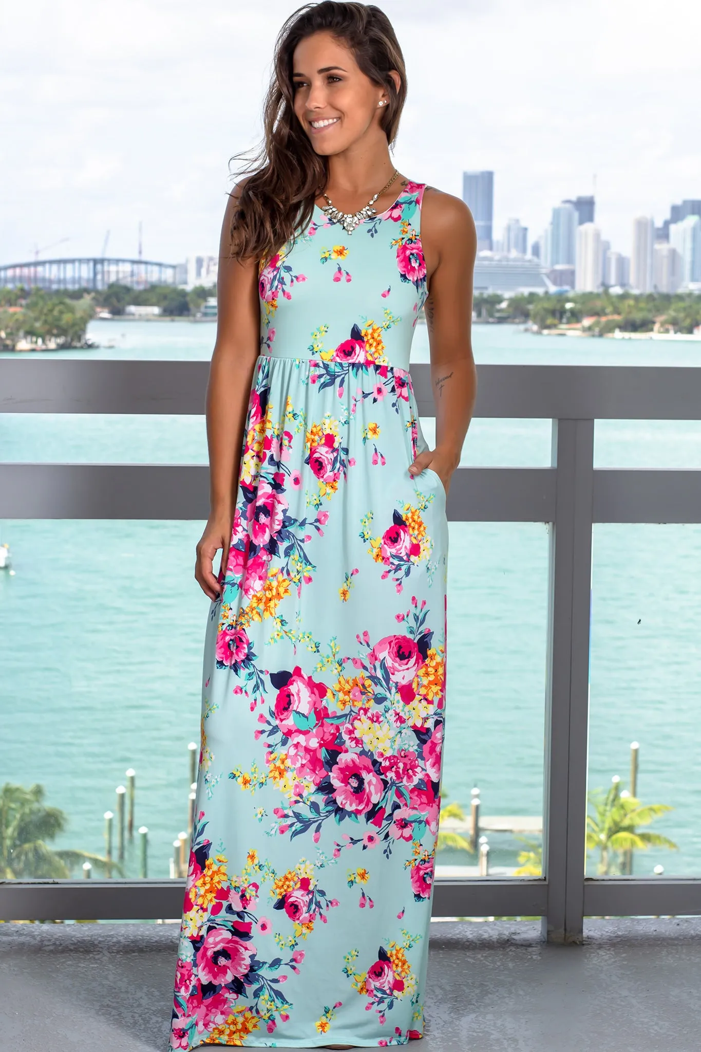 Mint Floral Racerback Maxi Dress with Pockets