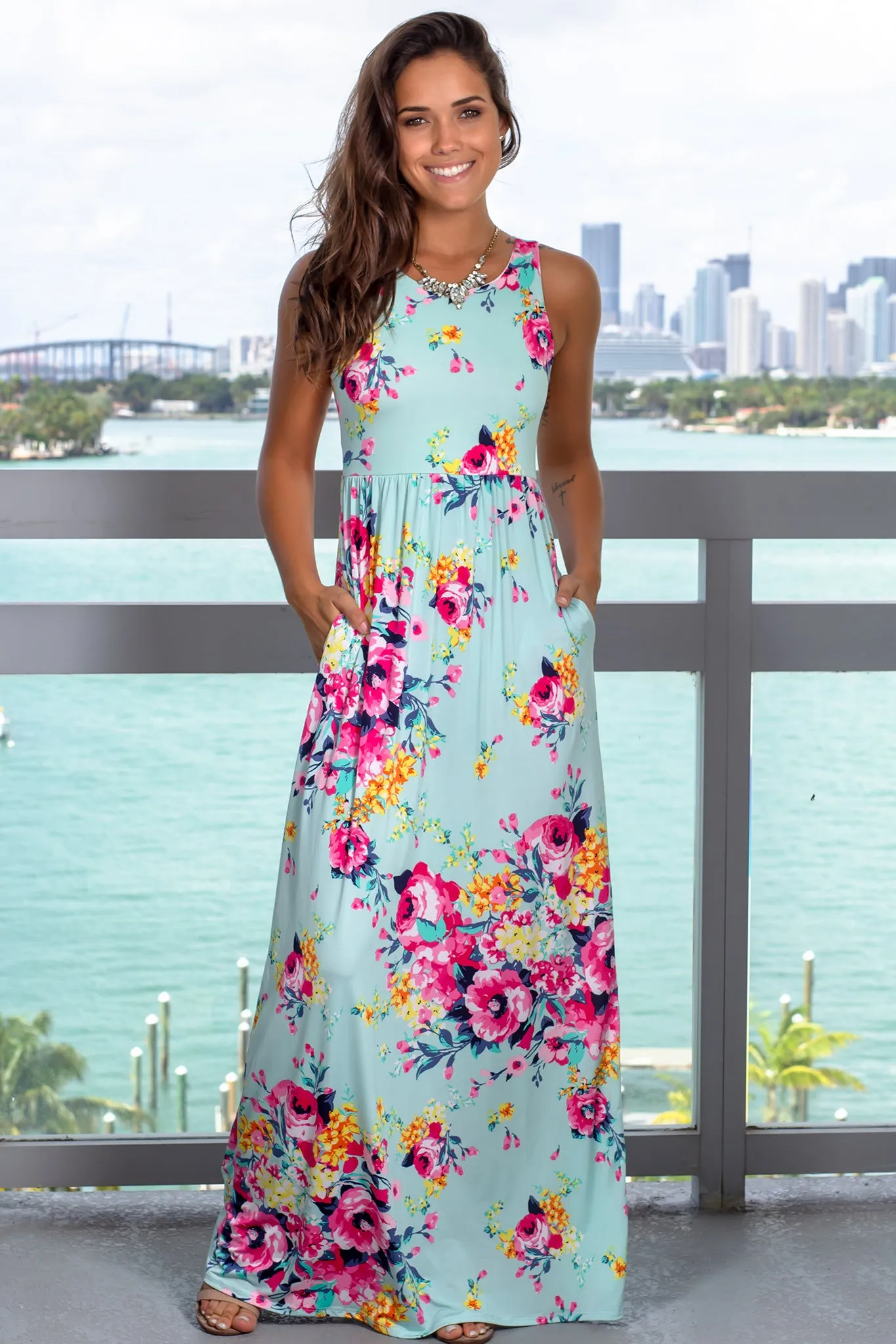 Mint Floral Racerback Maxi Dress with Pockets