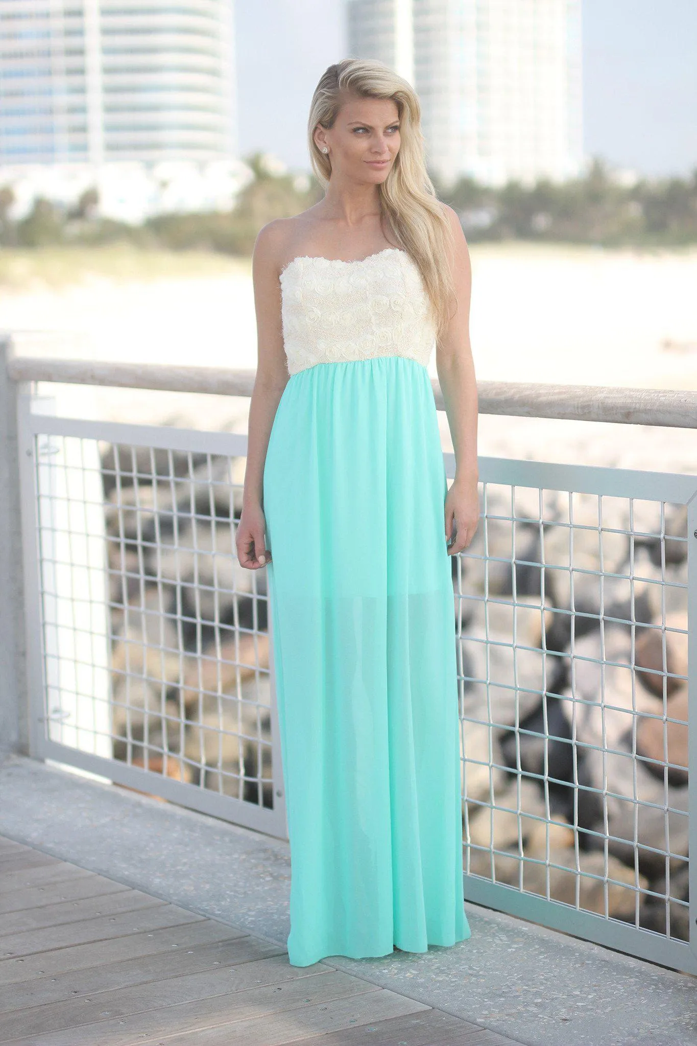 Mint Maxi Dress with Floral Lace Top