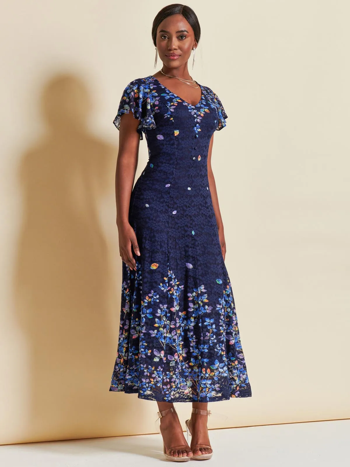 Mirrored Print Lace Maxi Dress, Blue Multi