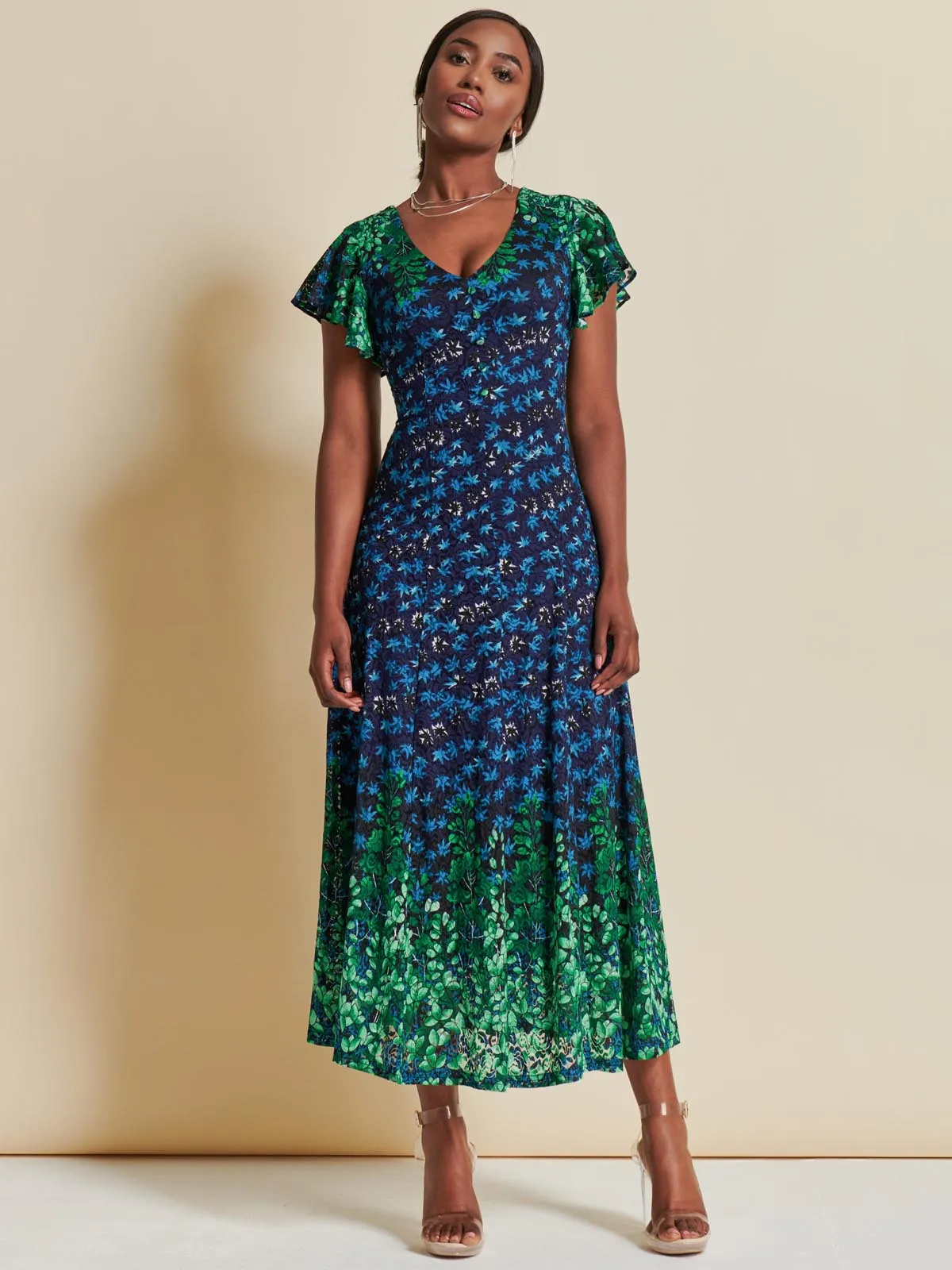 Mirrored Print Lace Maxi Dress, Green Multi