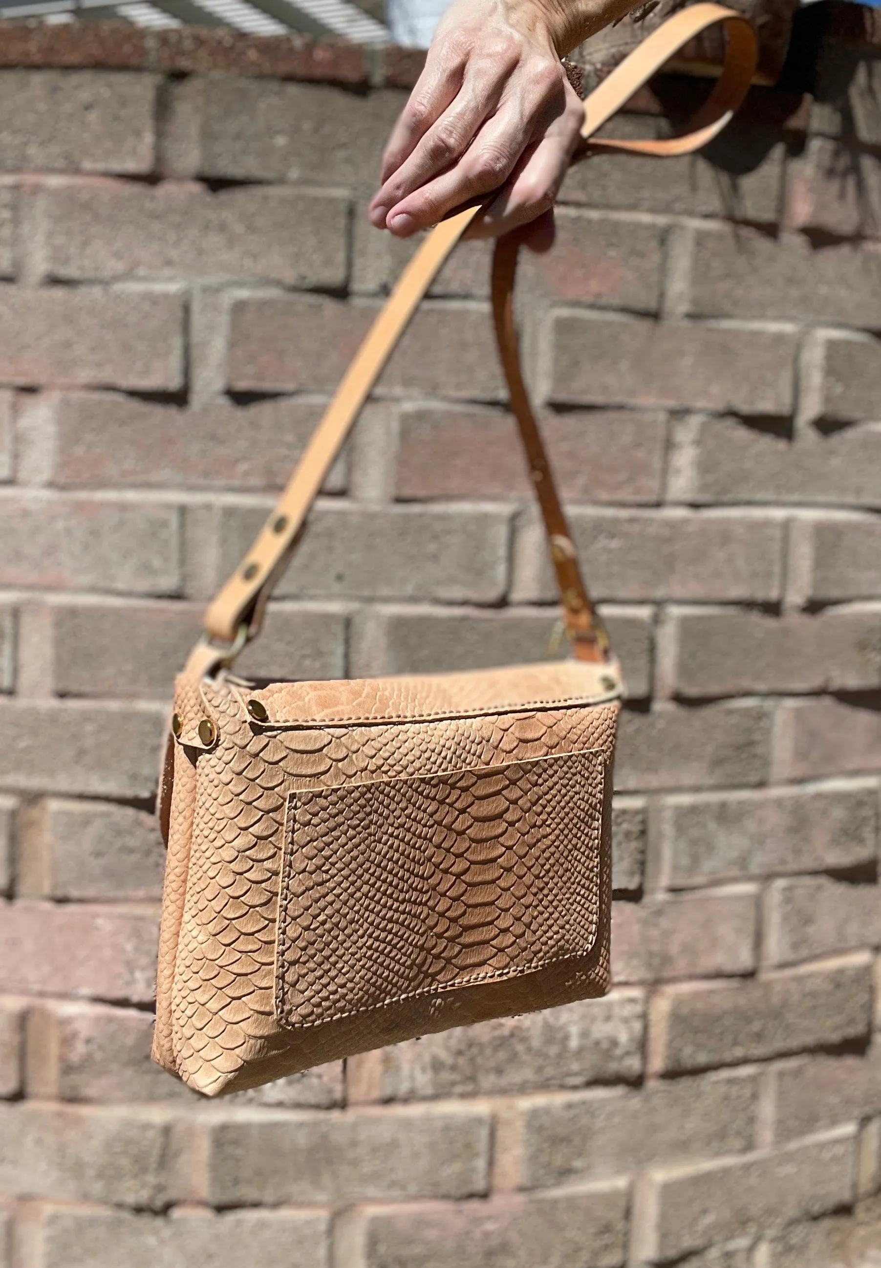 Natural Veg Tan Reptile Embossed Leather Medium Crossbody Flap Messenger Bag