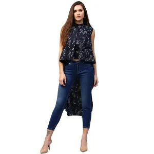 Navy Blue Printed Sleeveless Crepe Low High Tunics