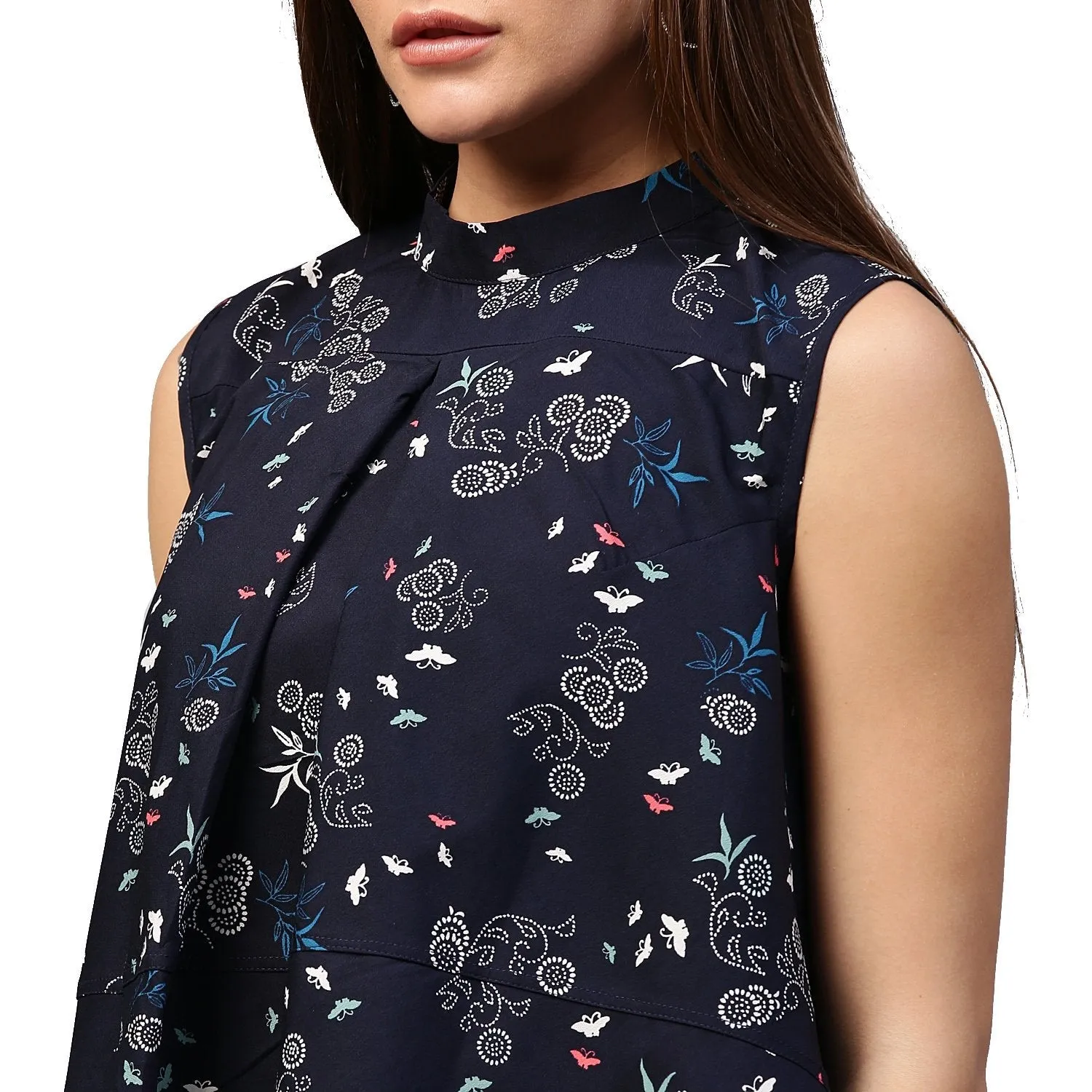 Navy Blue Printed Sleeveless Crepe Low High Tunics