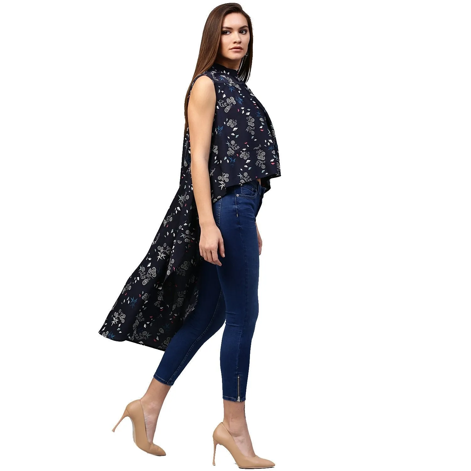 Navy Blue Printed Sleeveless Crepe Low High Tunics