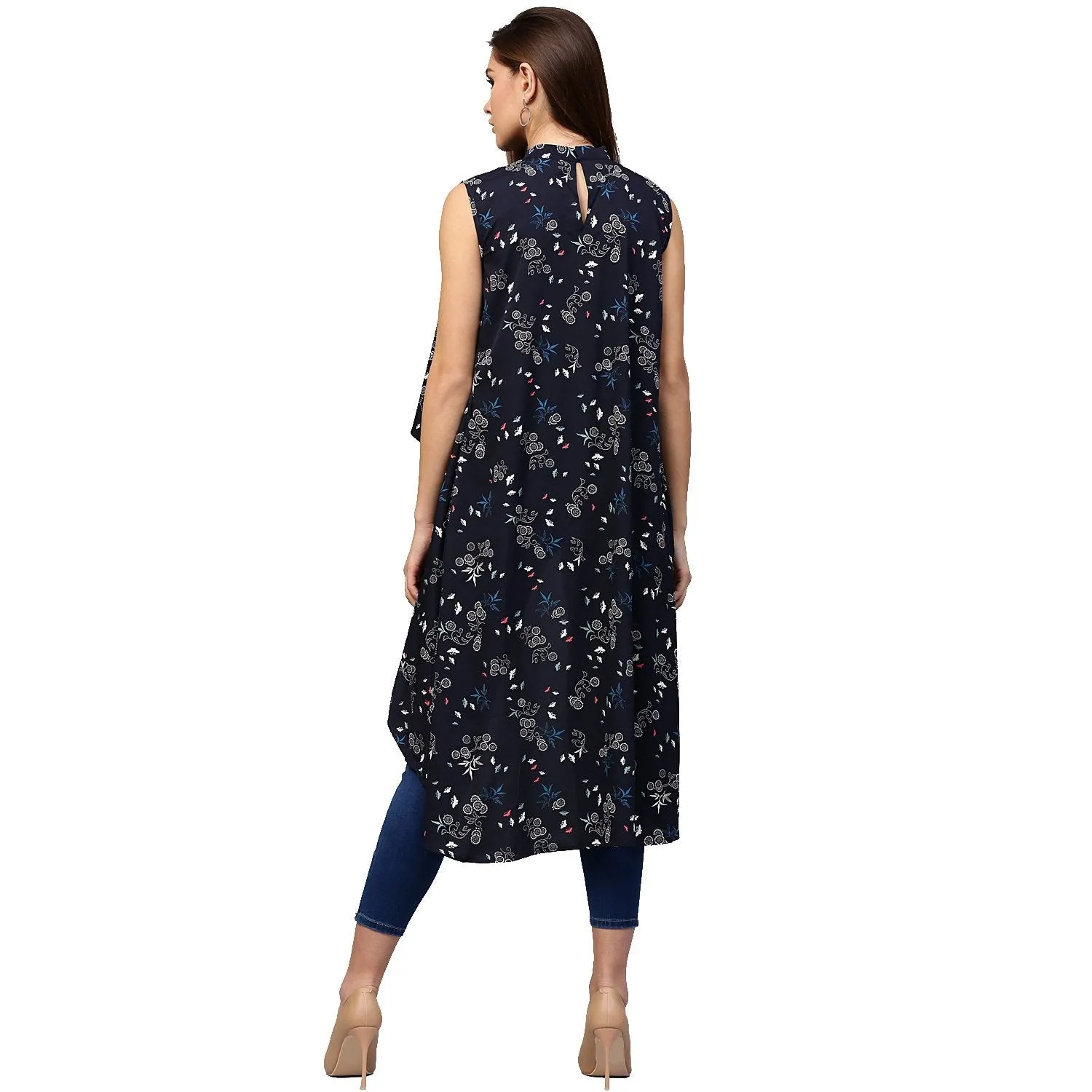 Navy Blue Printed Sleeveless Crepe Low High Tunics