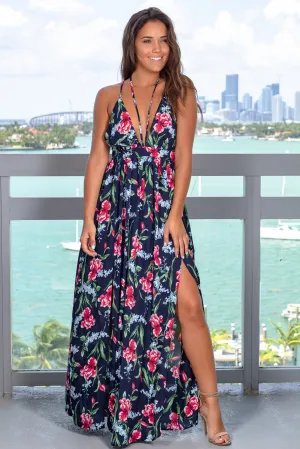 Navy Floral Printed Maxi Dress with Criss Cross Back