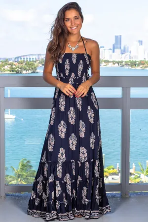 Navy Printed Halter Neck Maxi Dress