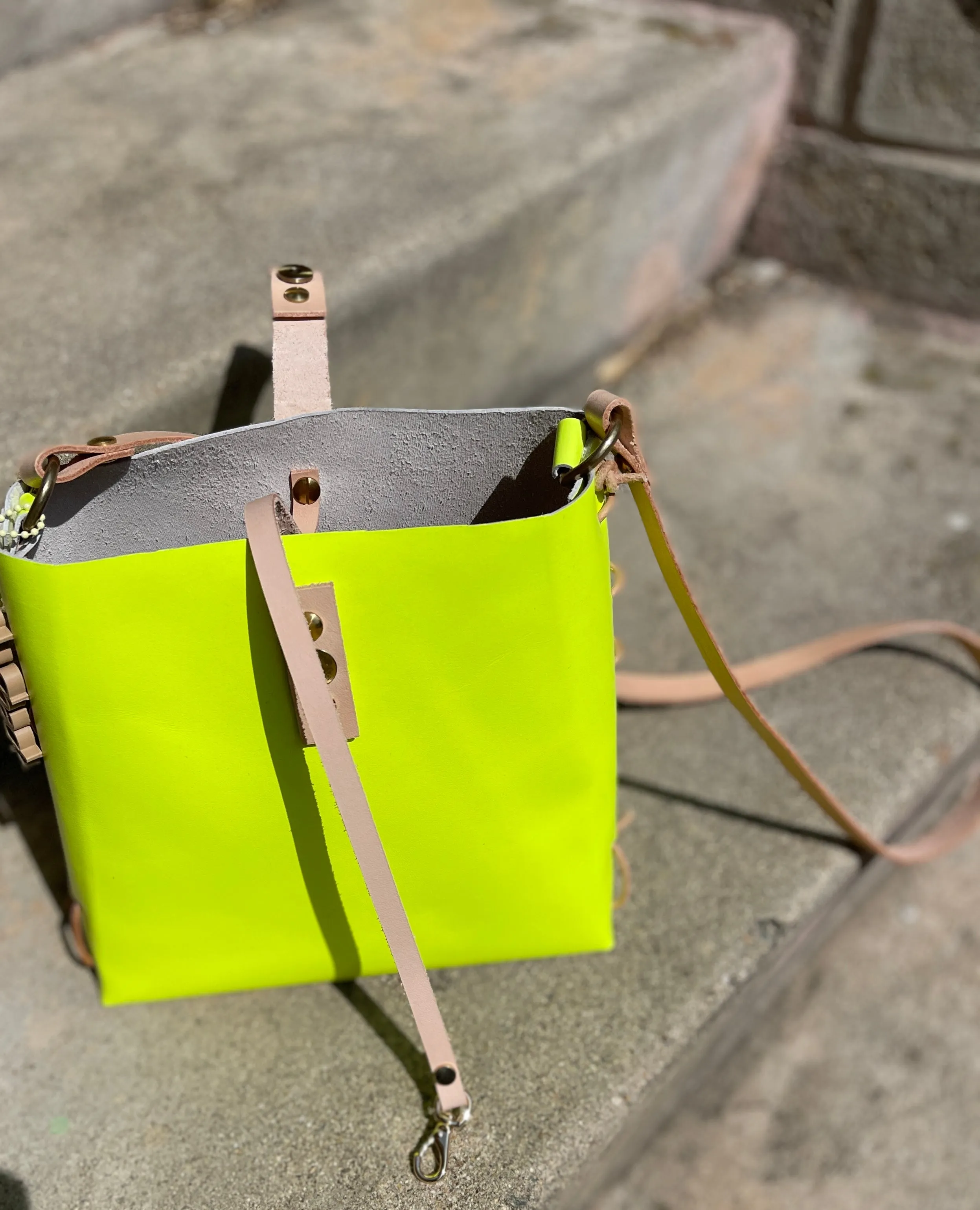 Neon Yellow and Veg Tan Leather Bag