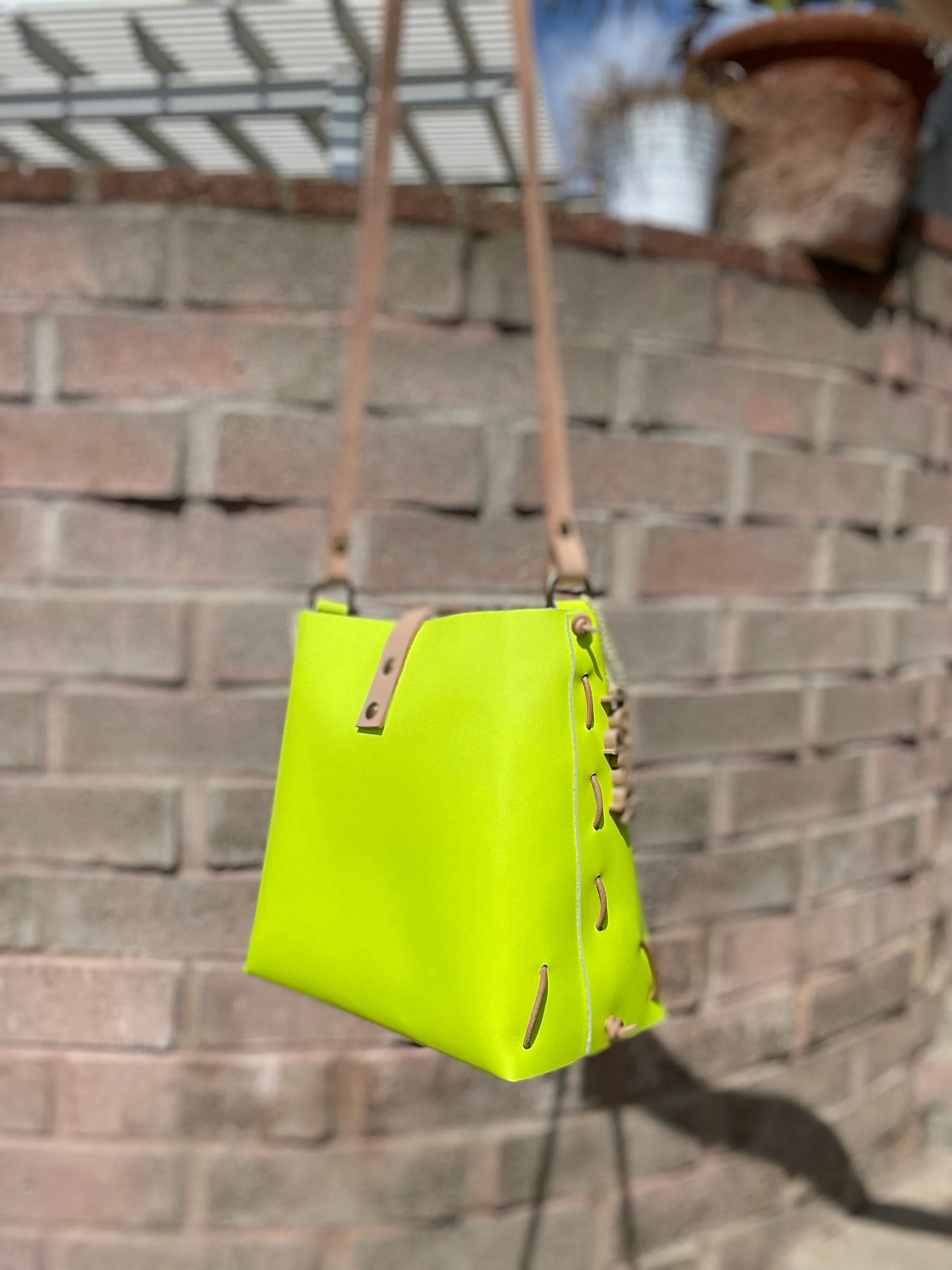 Neon Yellow and Veg Tan Leather Bag