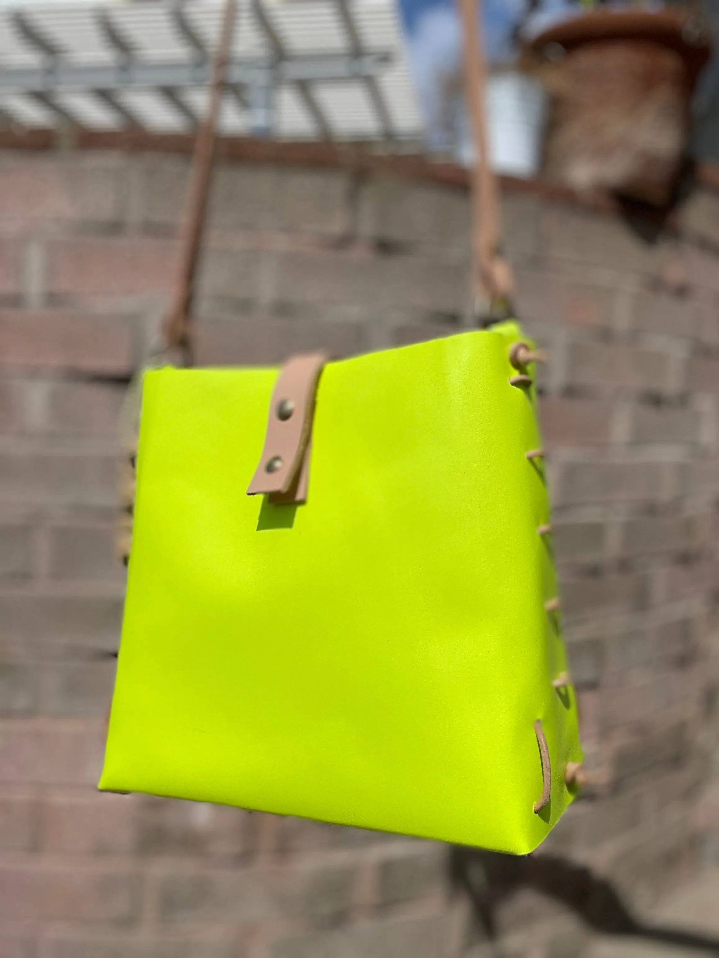 Neon Yellow and Veg Tan Leather Bag