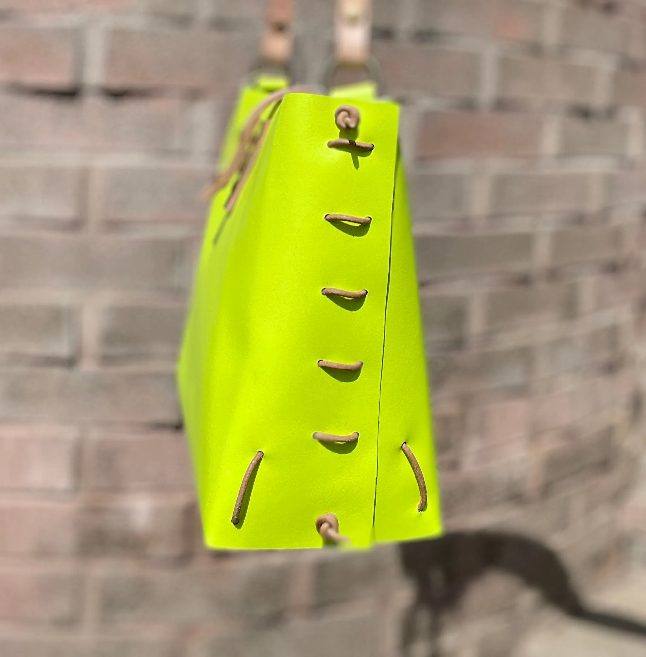 Neon Yellow and Veg Tan Leather Bag