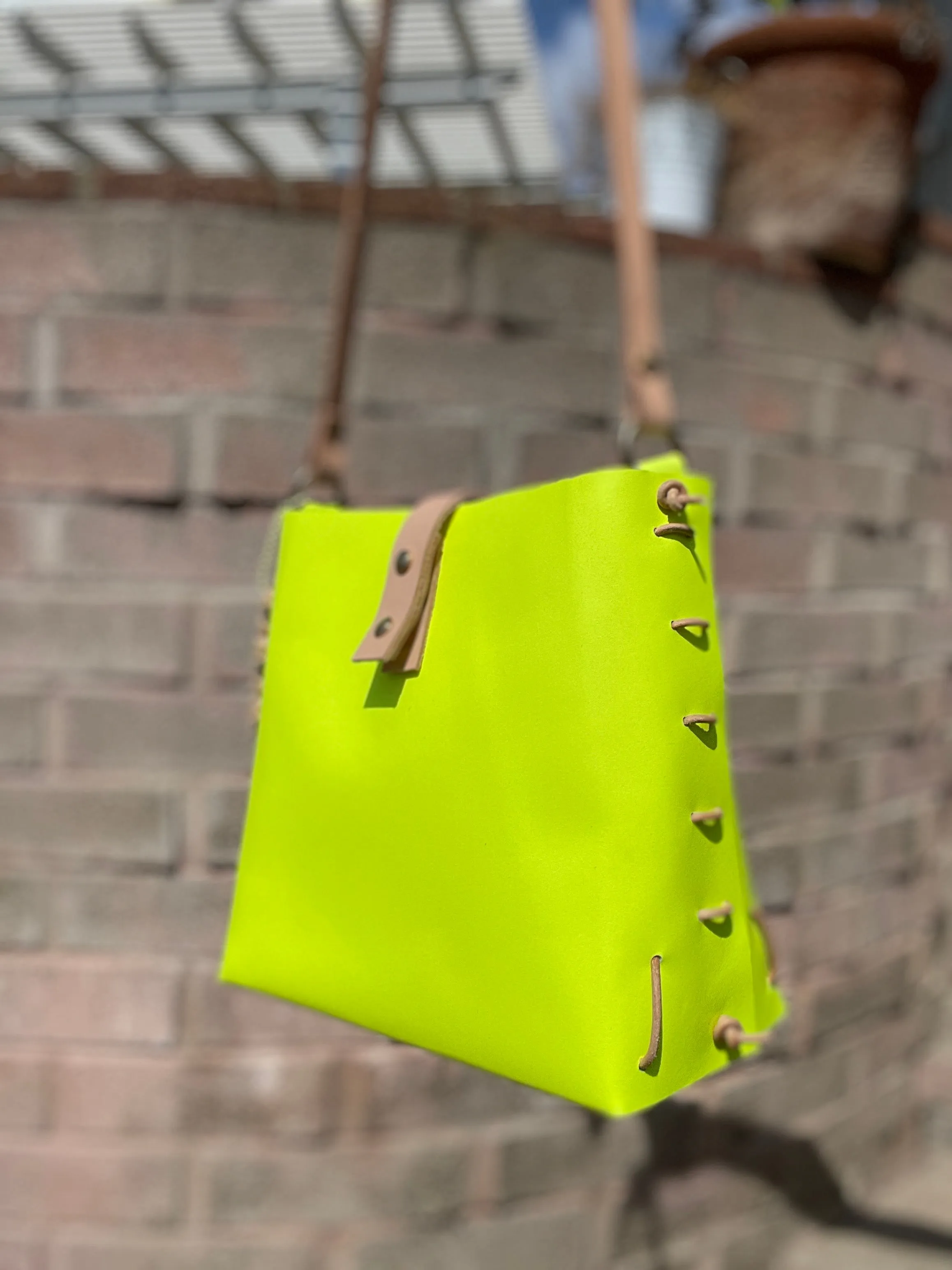 Neon Yellow and Veg Tan Leather Bag