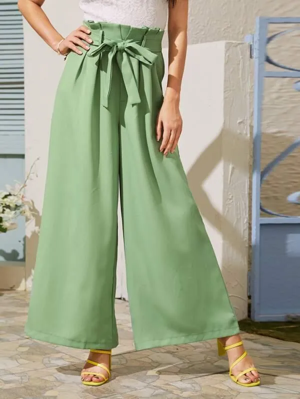 Paper Bag Waist Belted Wide Leg Pants