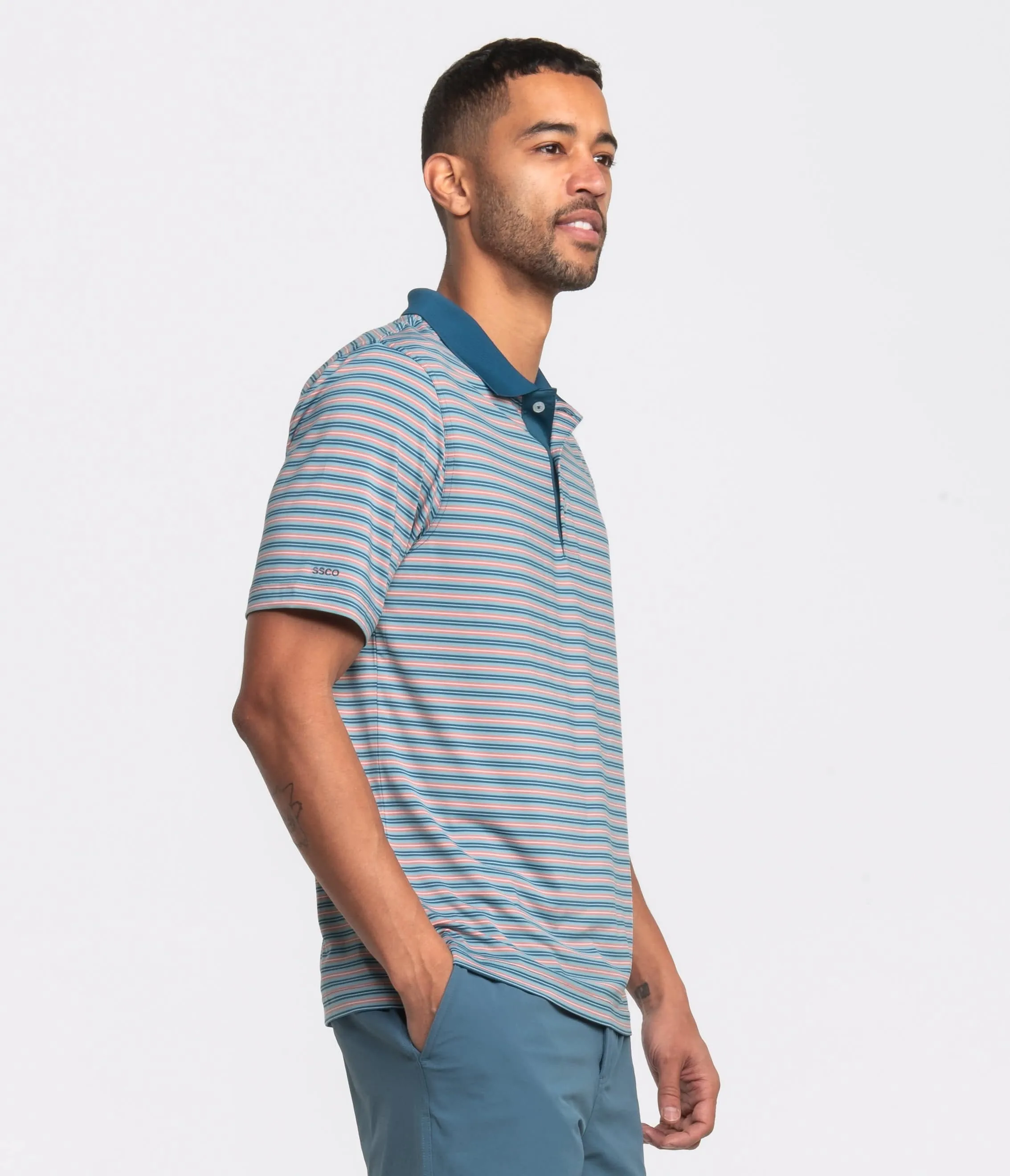 Pawleys Stripe Polo - Deep Sea Aqua