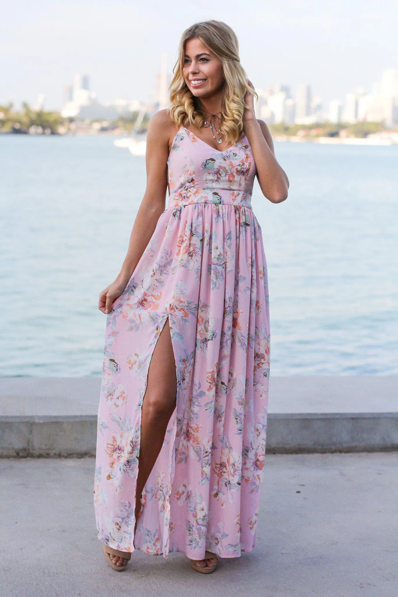 Pink Floral Maxi Dress with Open Back and Side Slit