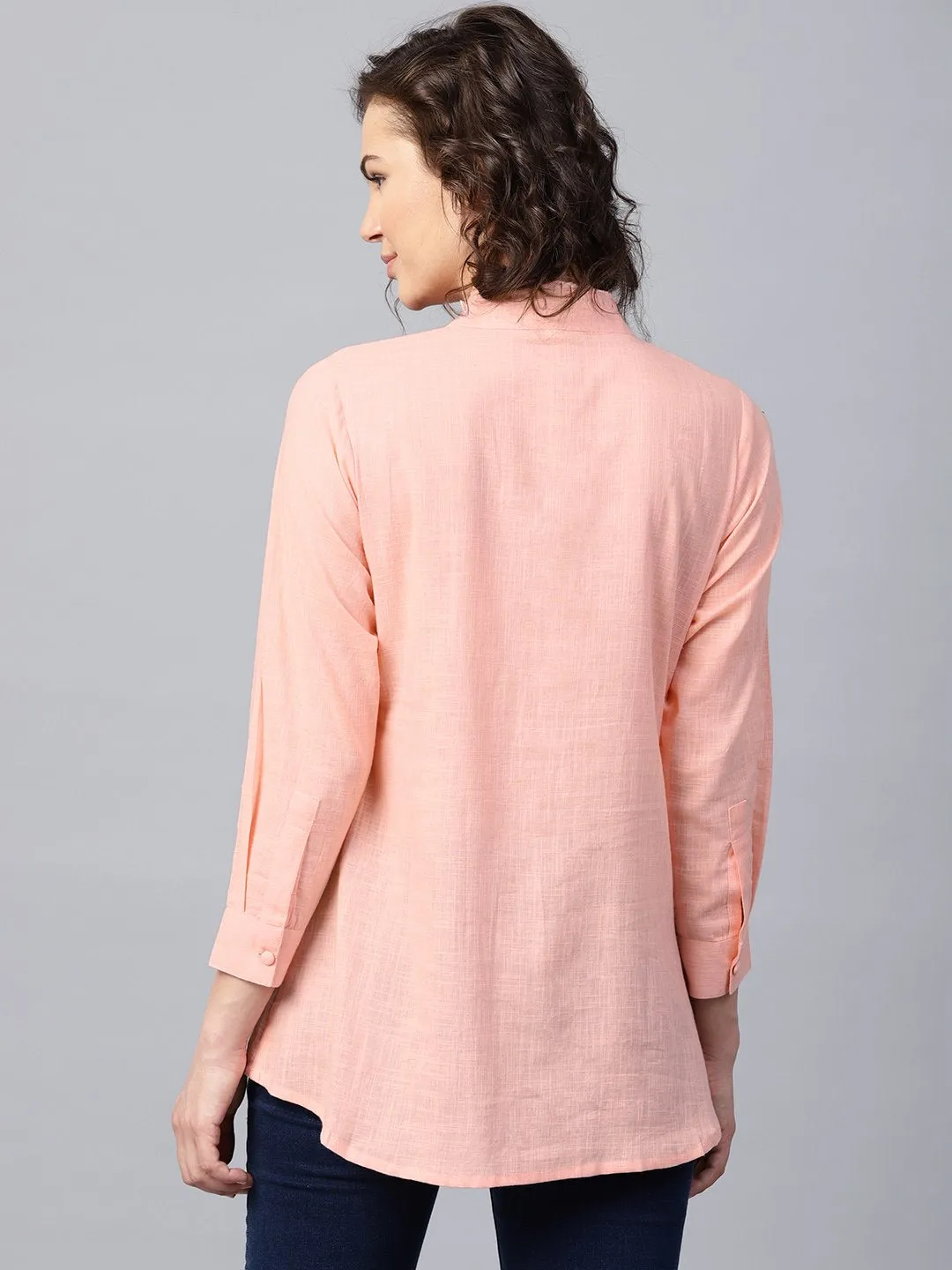 Pink Full Sleeve Cotton Slub A-Line Tunic