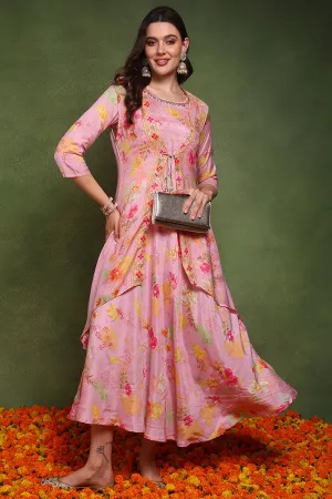 Pink Silk Blend Floral Embroidered Maxi Ethnic Dress With Longline Shrug