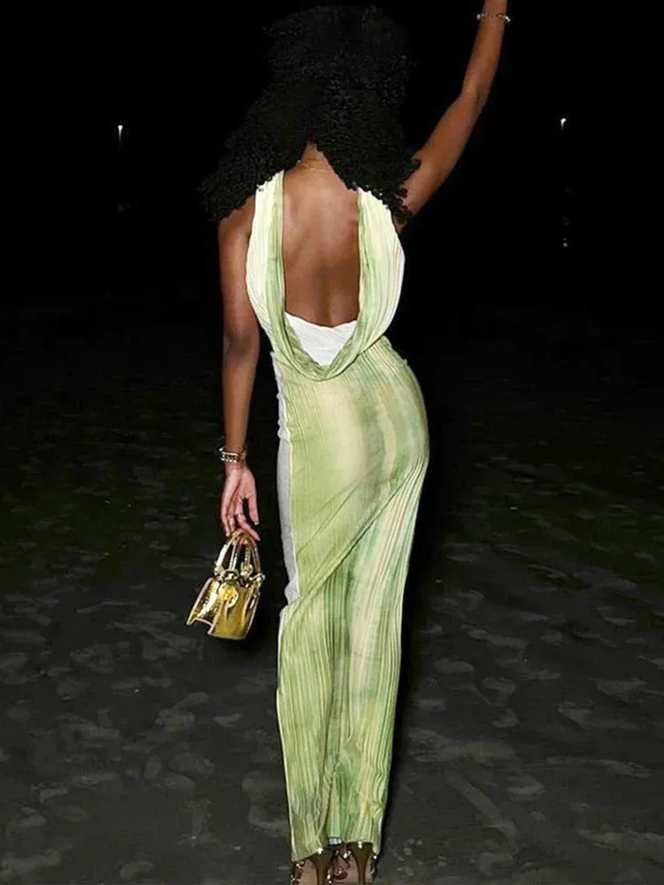 Print Deep V Neck Long Slim Bodycon Backless Nightclub Sexy Summer Maxi Dress