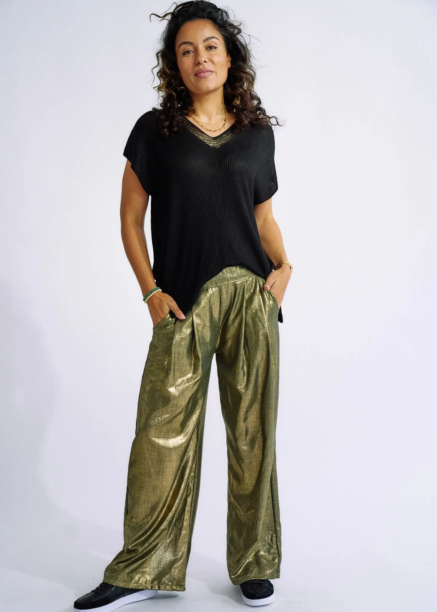 Pure Linen Italian Wide Leg Shimmer Pants in Khaki