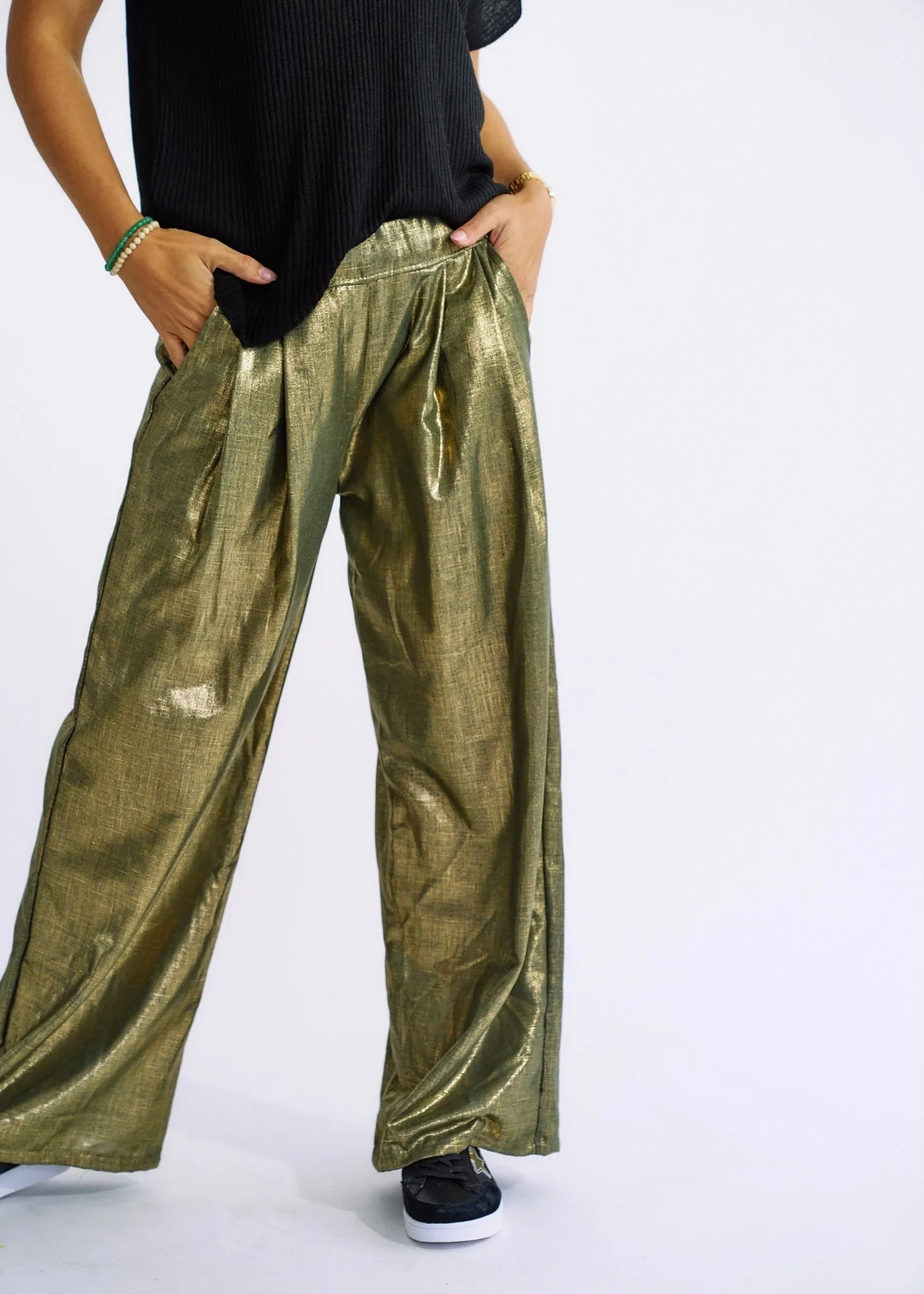 Pure Linen Italian Wide Leg Shimmer Pants in Khaki