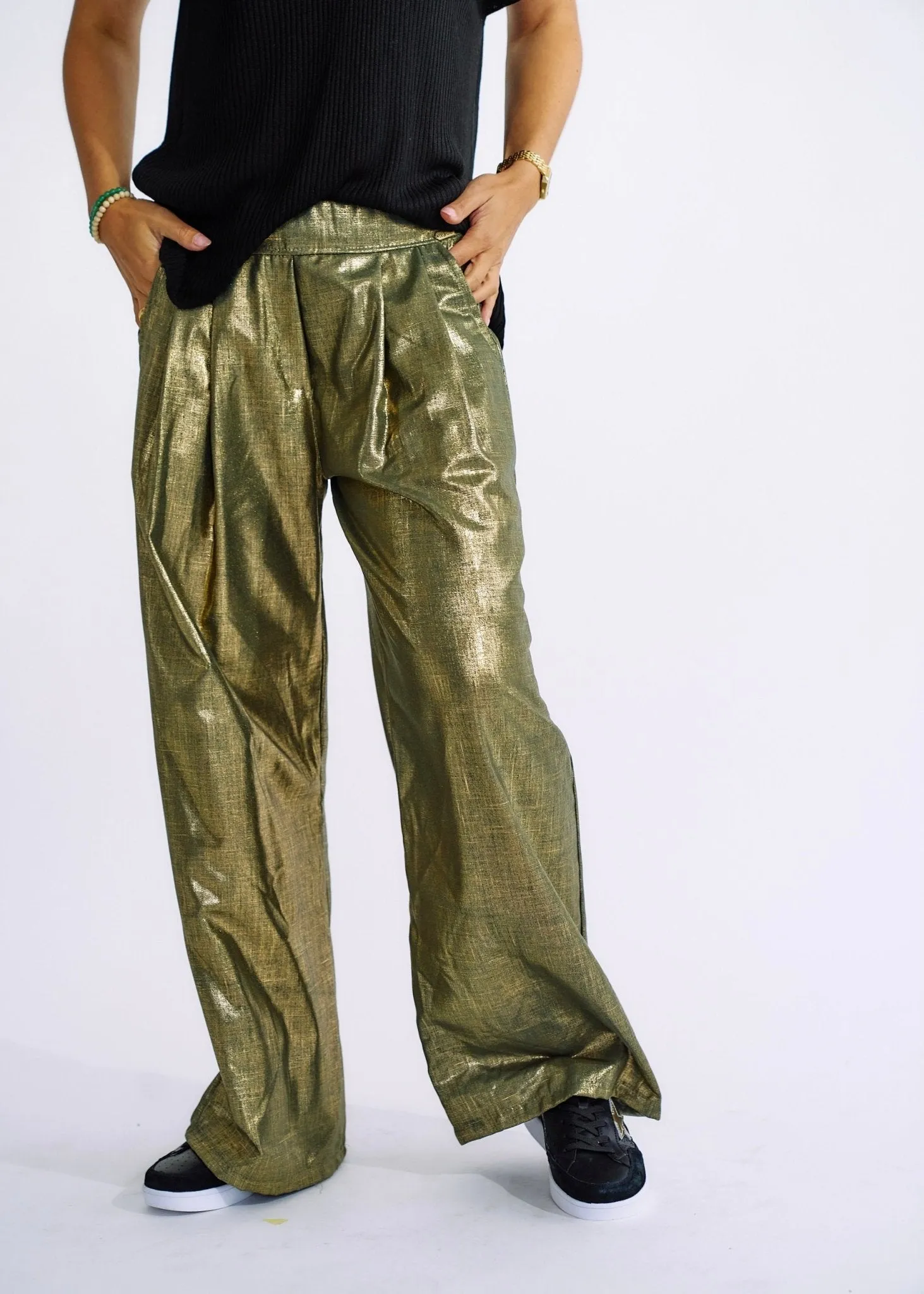 Pure Linen Italian Wide Leg Shimmer Pants in Khaki