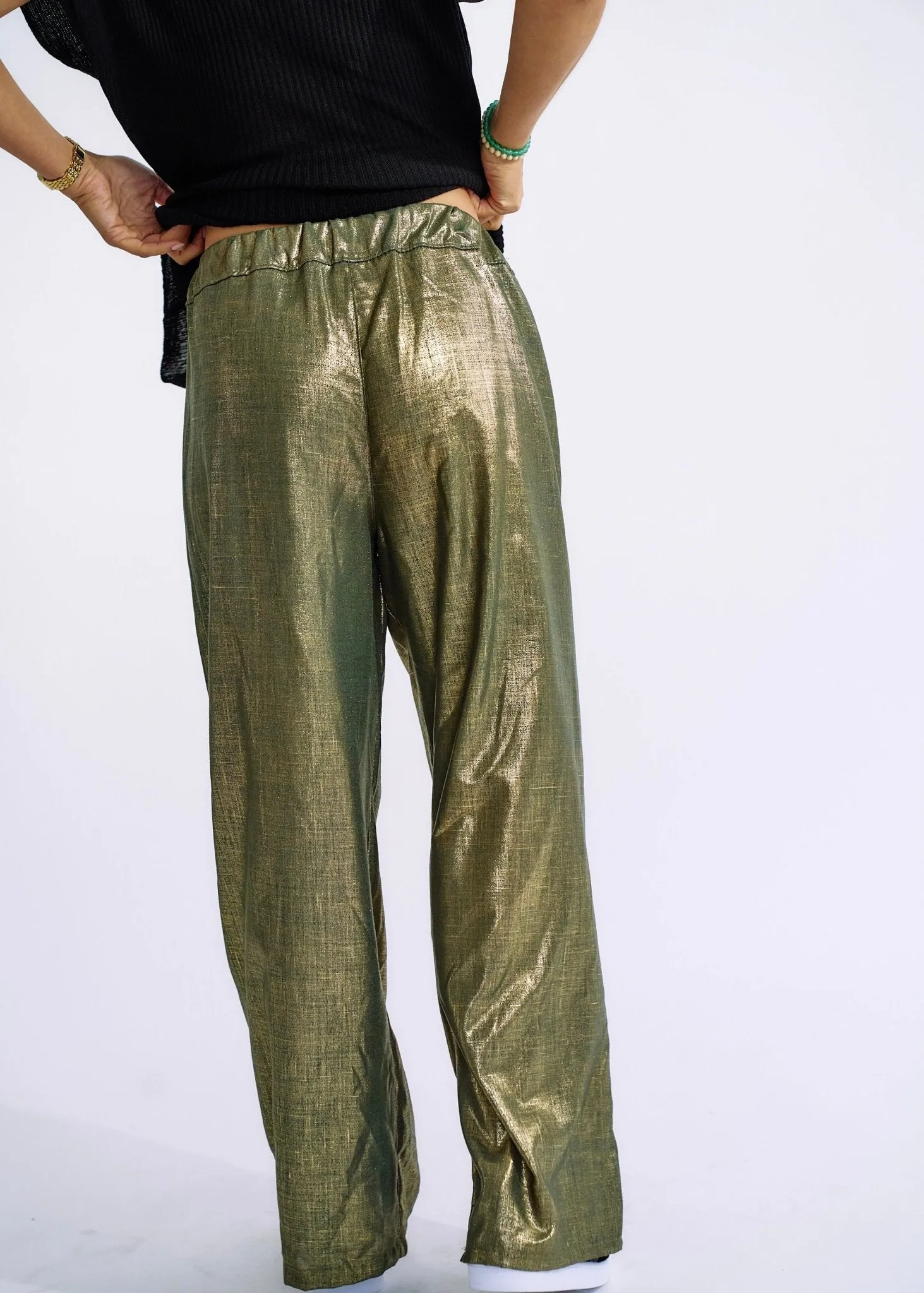 Pure Linen Italian Wide Leg Shimmer Pants in Khaki