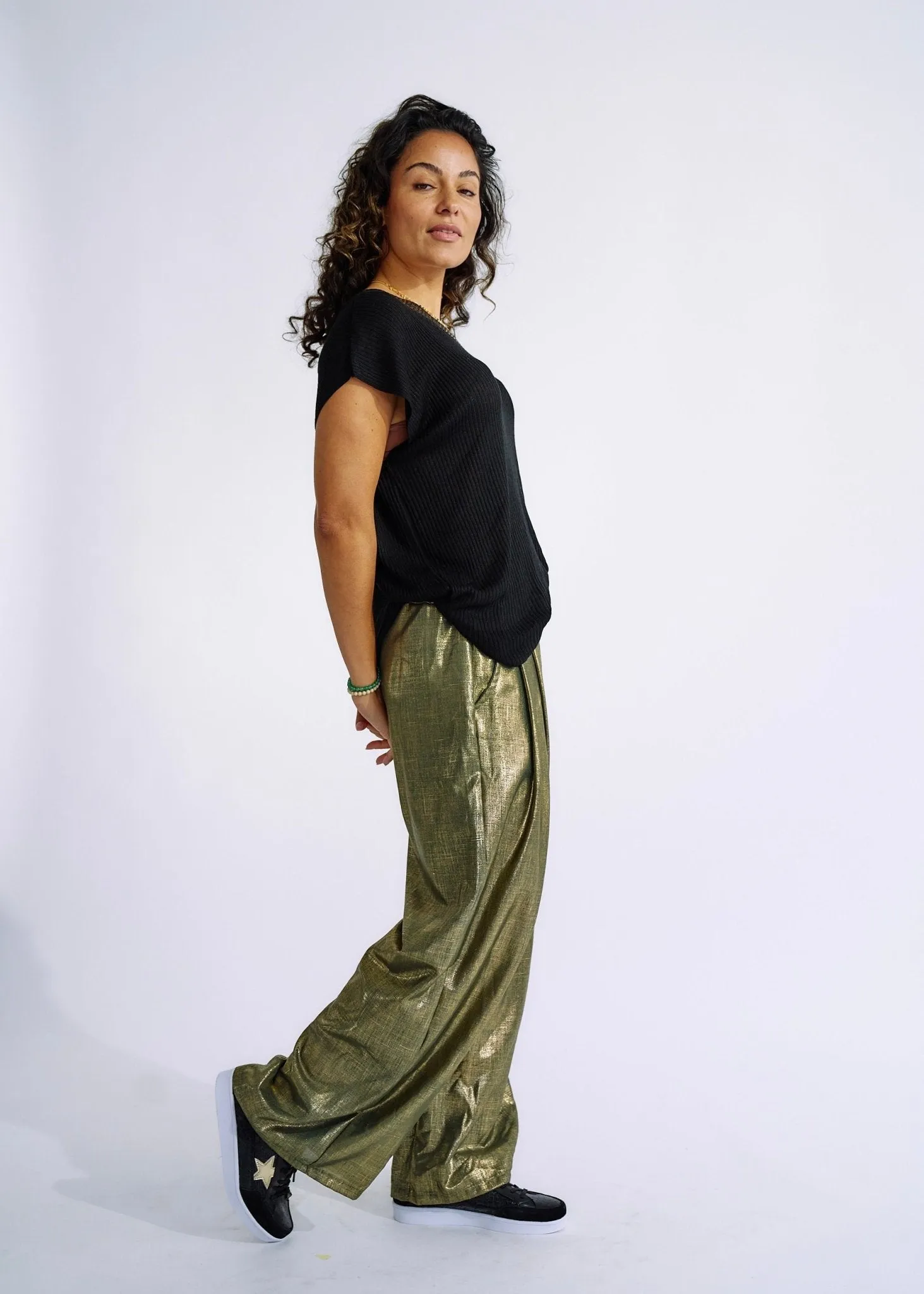 Pure Linen Italian Wide Leg Shimmer Pants in Khaki