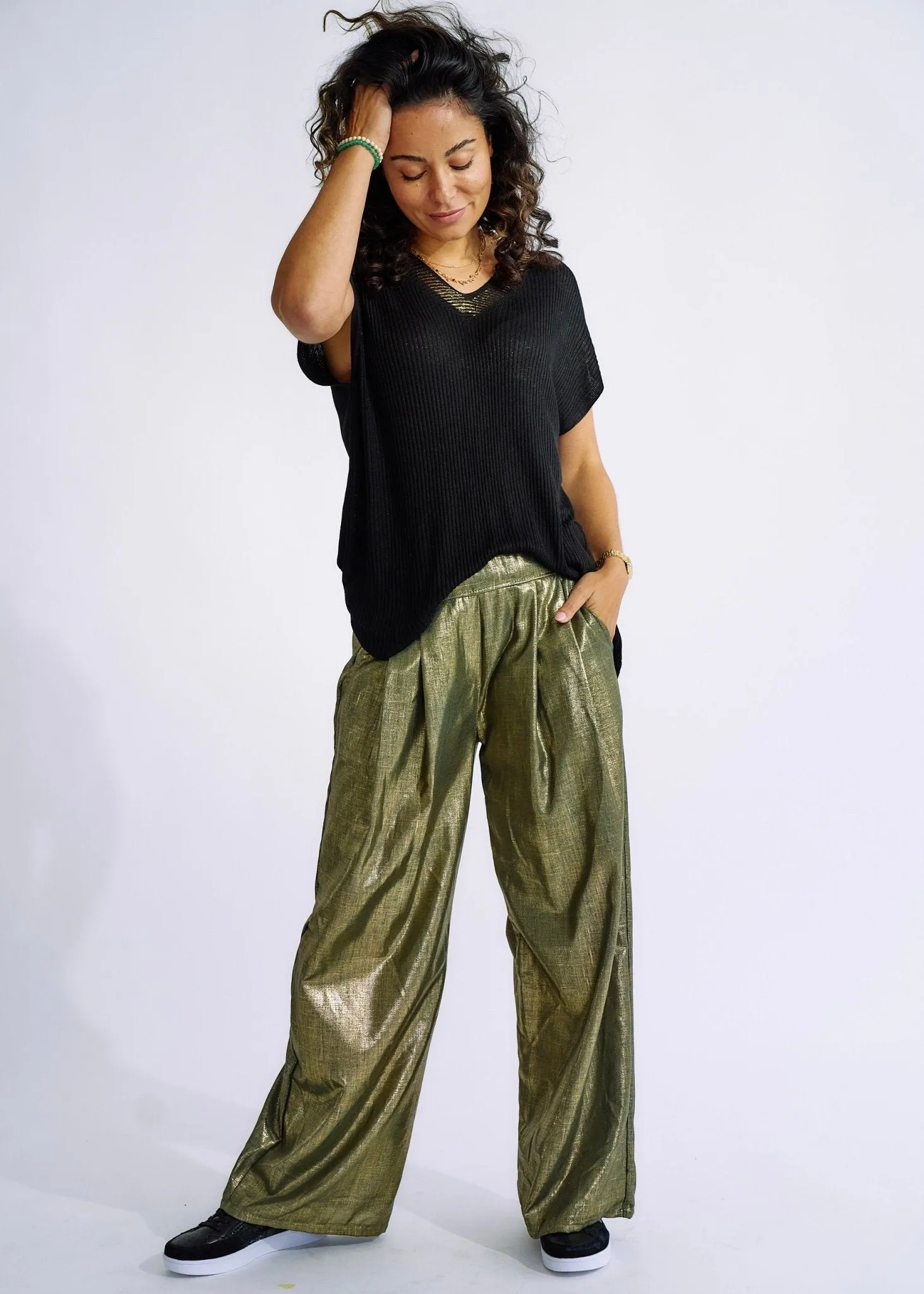 Pure Linen Italian Wide Leg Shimmer Pants in Khaki