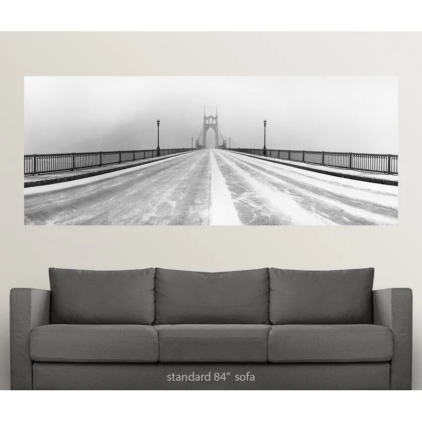 "Black and white panorama of St. Johns Bridge in Portland, Oregon in winter sn" Poster Print - Multi