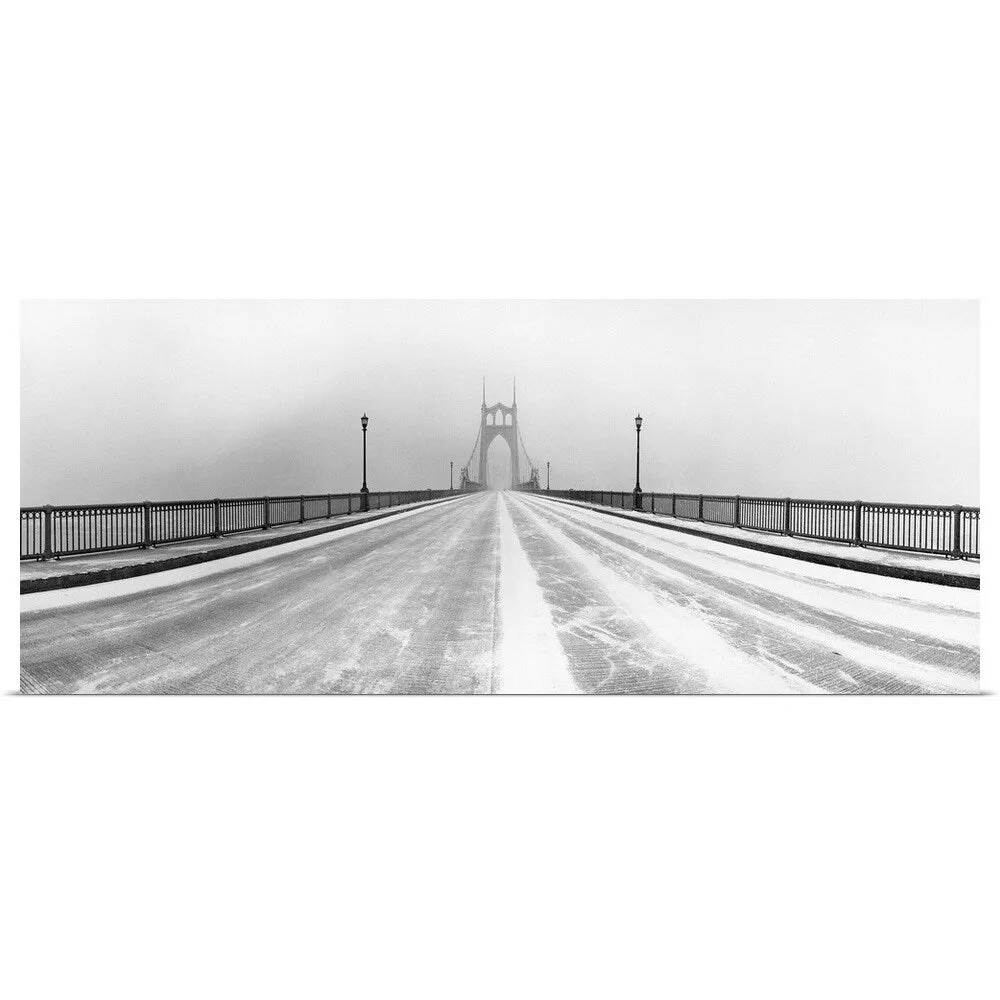 "Black and white panorama of St. Johns Bridge in Portland, Oregon in winter sn" Poster Print - Multi