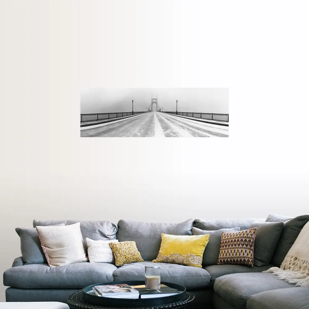 "Black and white panorama of St. Johns Bridge in Portland, Oregon in winter sn" Poster Print - Multi