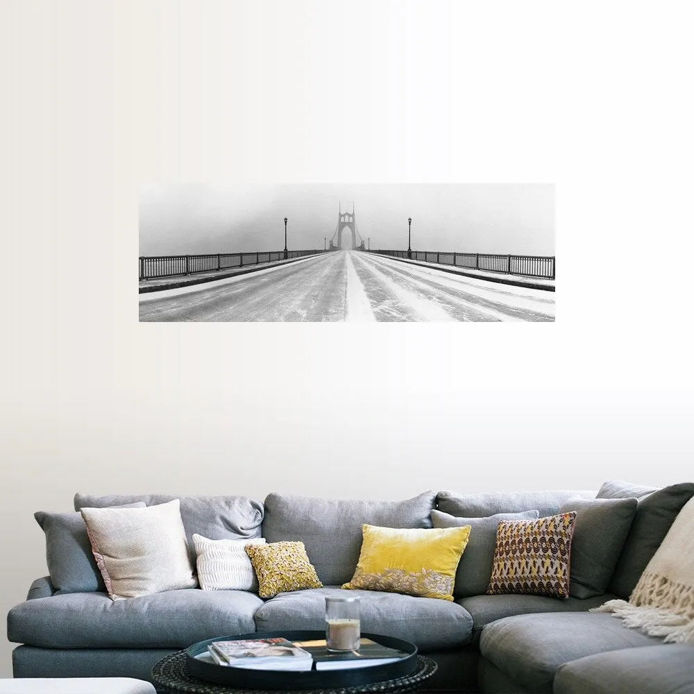 "Black and white panorama of St. Johns Bridge in Portland, Oregon in winter sn" Poster Print - Multi