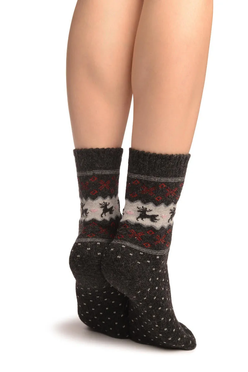 Reindeers & Dots on Dark Grey Angora Ankle High Socks