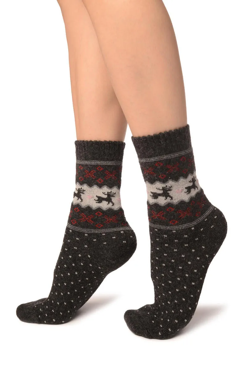 Reindeers & Dots on Dark Grey Angora Ankle High Socks