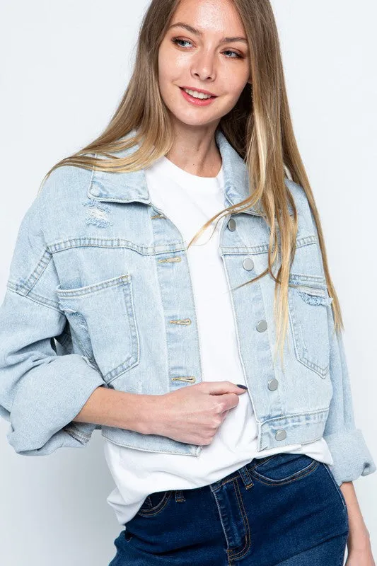 RHINESTONE FRINGE DISTRESSED DENIM JACKET