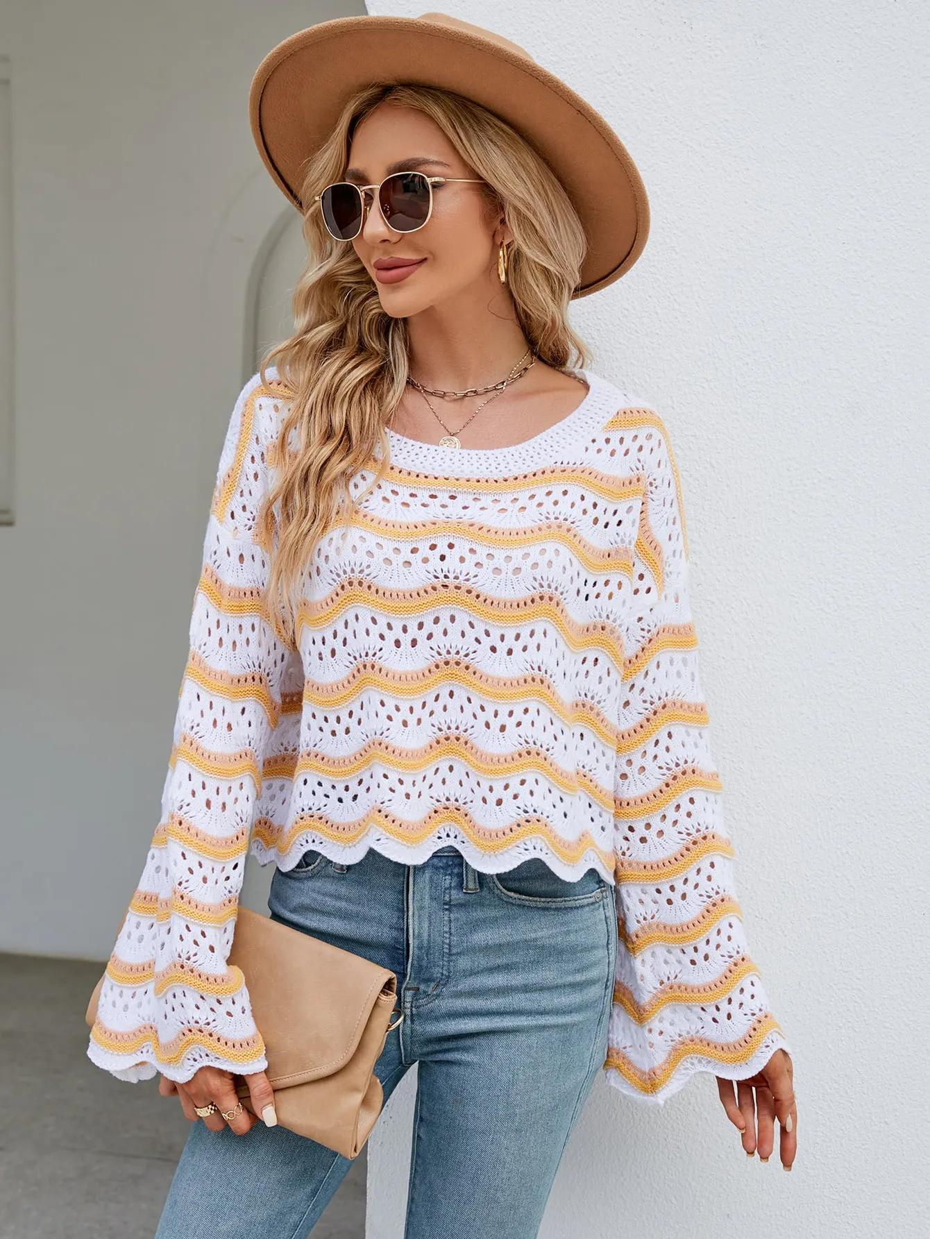 Round Neck Openwork Flare Sleeve Knit Top