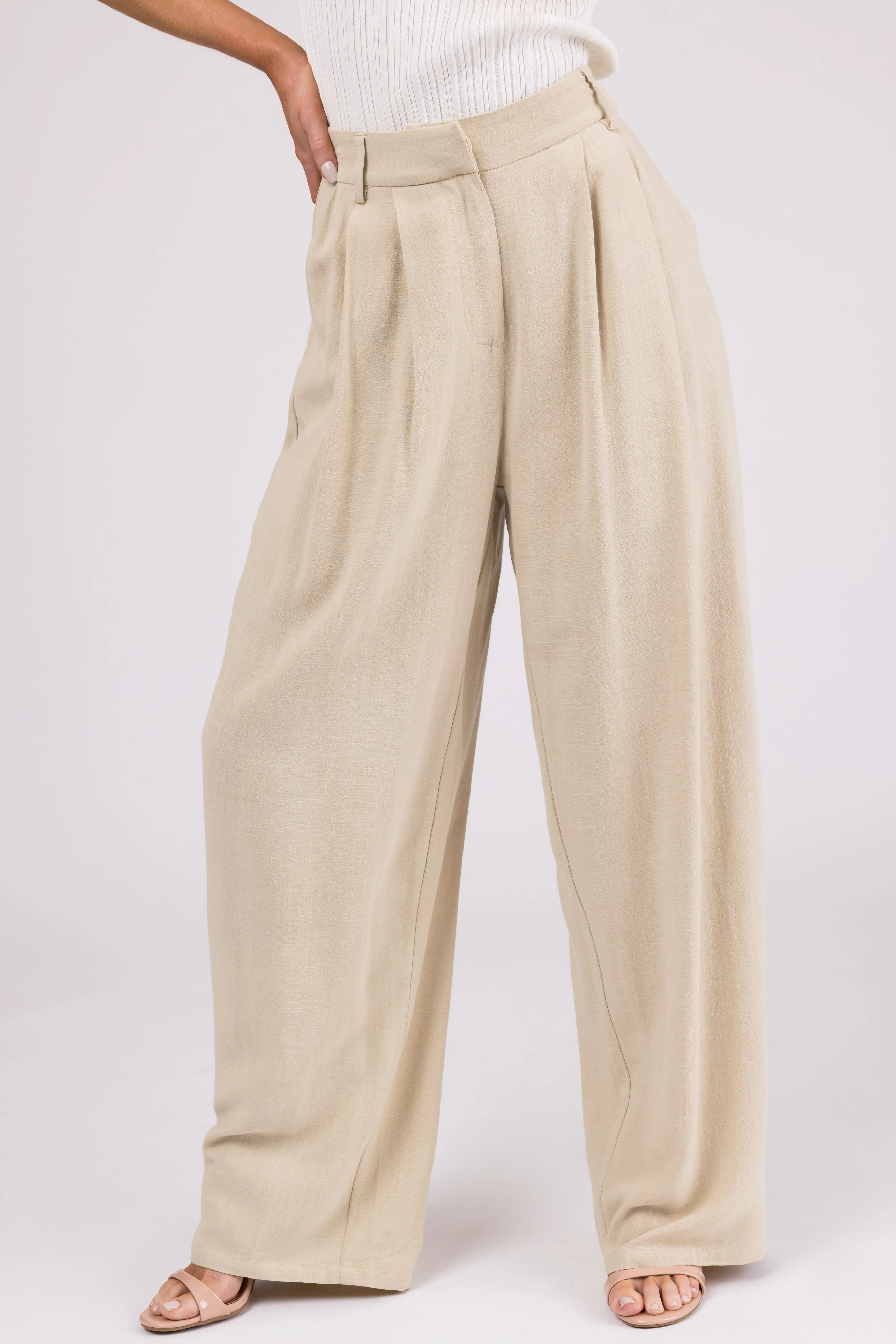 Sand Pleated Wide Leg Linen Blend Pants