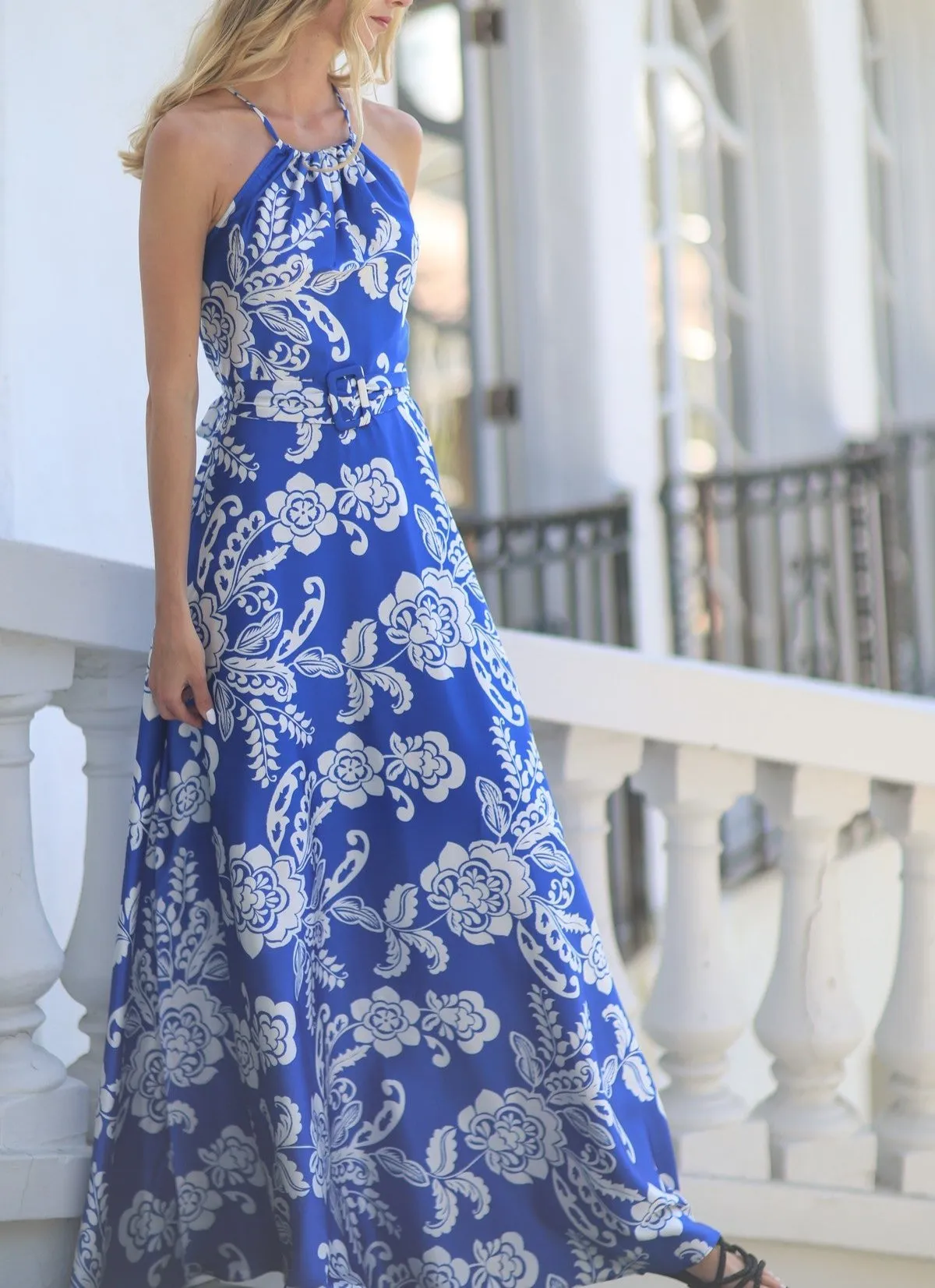 Saphire Sky Halter Paisley Printed Maxi Dress