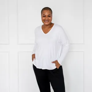 Sharon relaxed v-neck long-sleeve tee - white