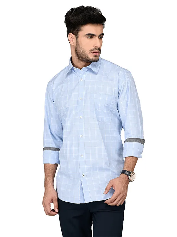 Sky Blue Checked Slim Fit Casual Shirt | JadeBlue