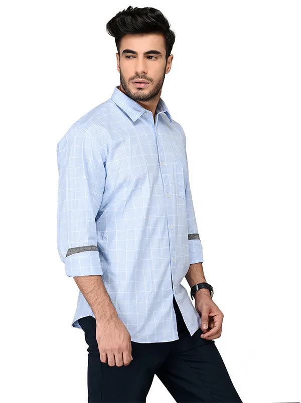 Sky Blue Checked Slim Fit Casual Shirt | JadeBlue