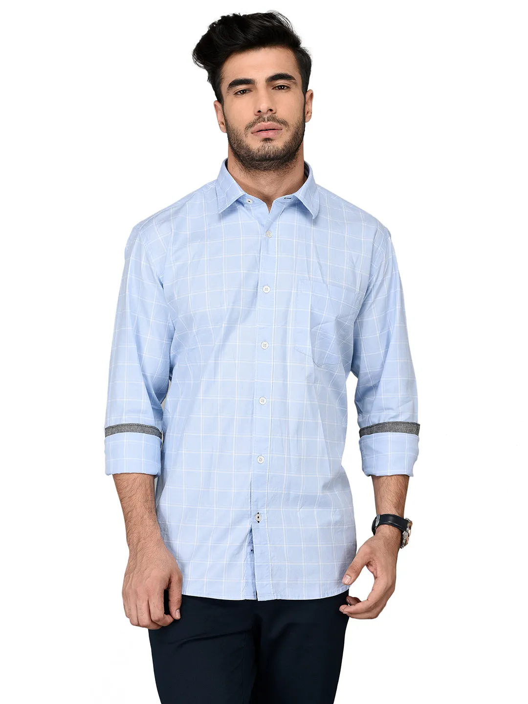 Sky Blue Checked Slim Fit Casual Shirt | JadeBlue