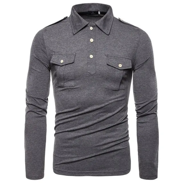 Spring Autumn Fashion Men Casual Long Sleeve Polo Shirts Cotton Pockets Men's Outwear Shirts Business Streetwear Shirts For Male