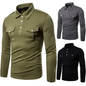 Spring Autumn Fashion Men Casual Long Sleeve Polo Shirts Cotton Pockets Men's Outwear Shirts Business Streetwear Shirts For Male