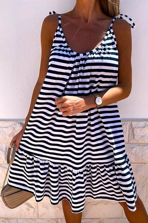 Stripe Ruffles Hem Backless Slip Dress