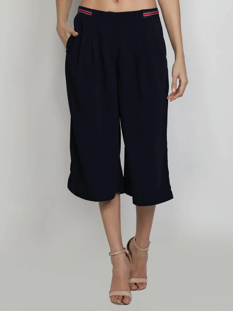 Stylish Polyester Navy Blue Solid Mid-Calf Length Culottes For Women